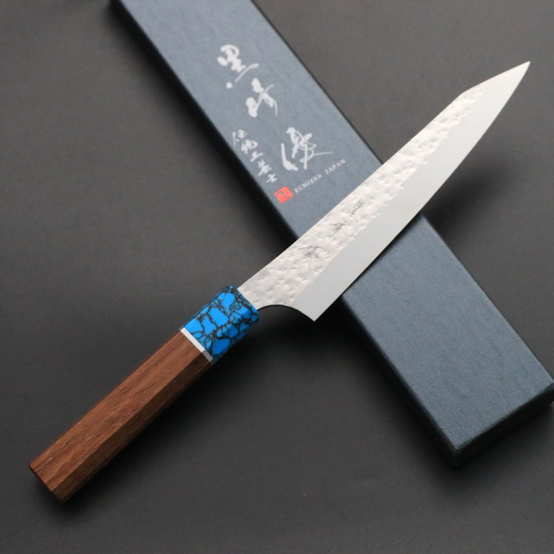 黒崎優　風神SPG2鎚目ペティーナイフ120mmスタビライズドウッド(白樺瘤)柄 黒崎優 「閃光」ペティナイフ 150mm 紫檀柄ターコイズ桂 – HAGAKURE