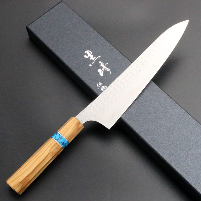 黒崎優　閃光　牛刀　210mm 黒崎優 「閃光」牛刀 包丁 210mm オリーブ×ターコイズリング柄 – HAGAKURE