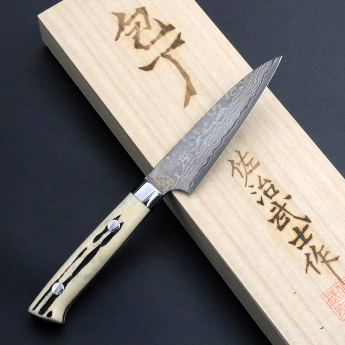 佐治武士作 VG10ダマスカス 折りたたみナイフ カーボンファイバー柄 佐治武士 VG10 ゴールド ダマスカス パーリング ナイフ 90mm 白牛骨