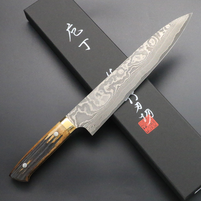 佐治武士　ダマスカス　vg10w 牛刀　240mm 佐治武士 VG10 ダマスカス 牛刀 包丁 240mm 飴色 鹿角ハンドル – HAGAKURE